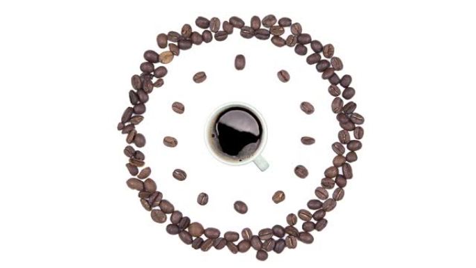 咖啡时间-一杯黑咖啡和咖啡豆时钟，在白色背景上隔离的无缝循环动画
