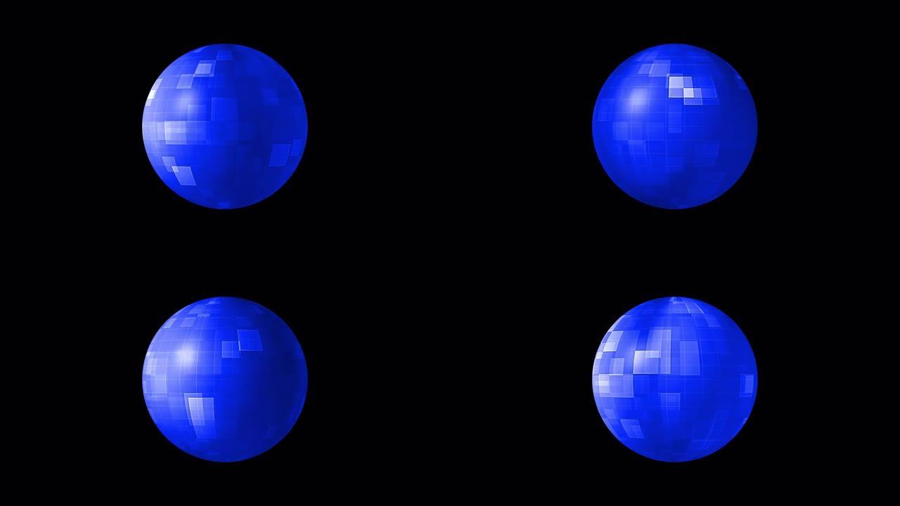 抽象蓝色高科技未来迪斯科舞会。4K 3D渲染无缝循环数字电子光球与阿尔法通道隔离使用Quicktim