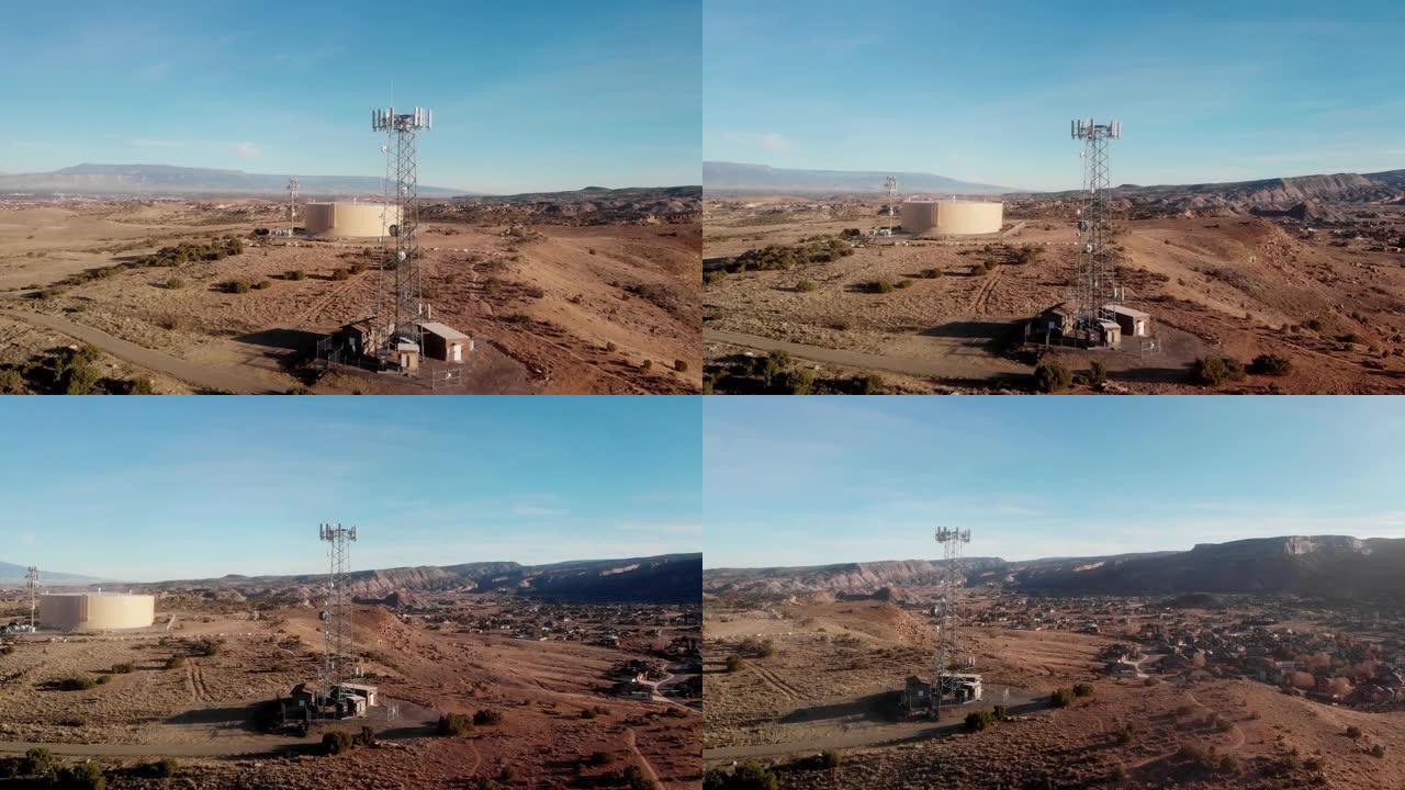 科罗拉多州西部弗鲁伊塔大路口地区的沙漠景观，配有5g塔无人机镜头