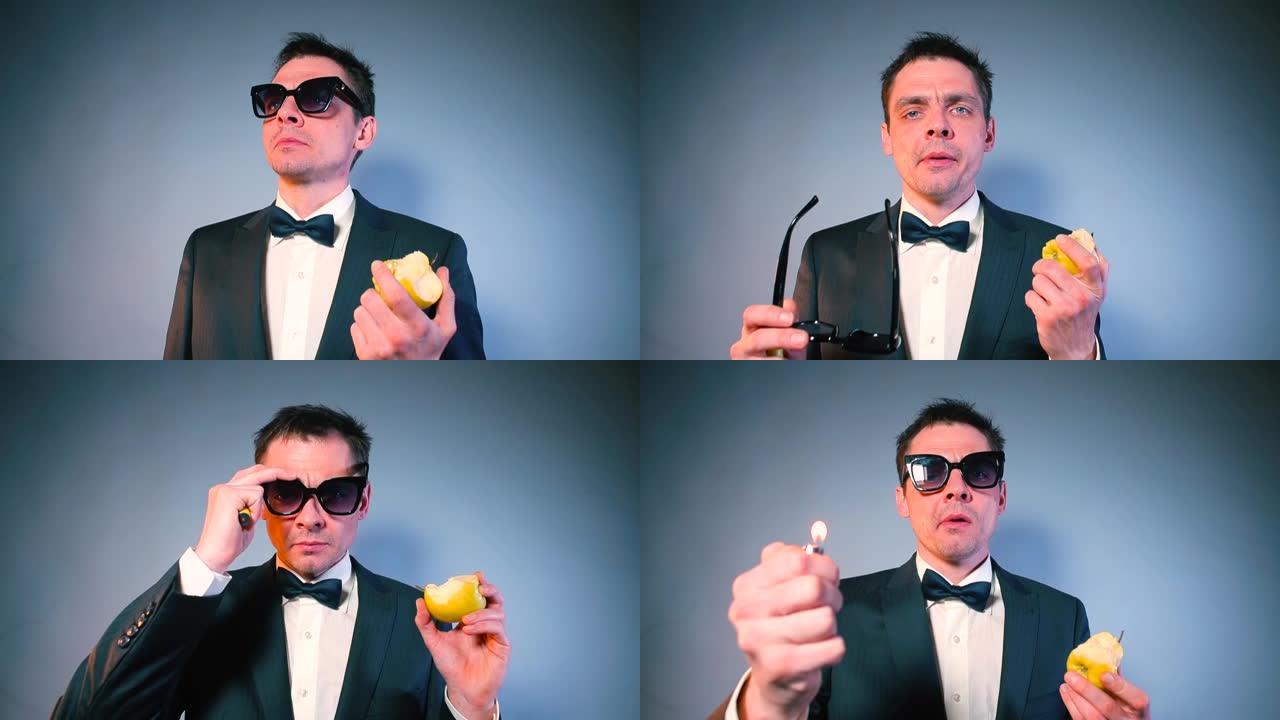 自信的商人戴上眼镜，开始吃苹果。