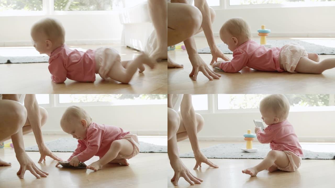 有趣的婴儿从爸爸到妈妈在地板上爬行并拿起电话