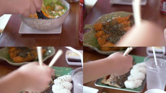 在饭碗中与海藻一起吃虾卵，生活方式概念。