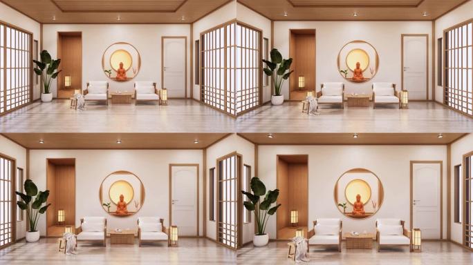 现代禅宗客厅日本风格。3d渲染