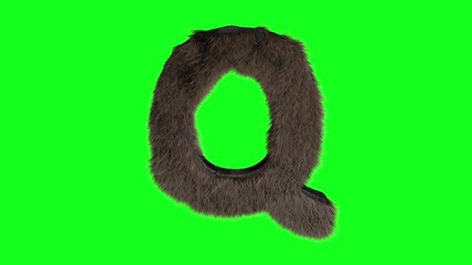 抽象多毛字母Q符号蓬松毛茸茸的字母绿色屏幕色键动画3d