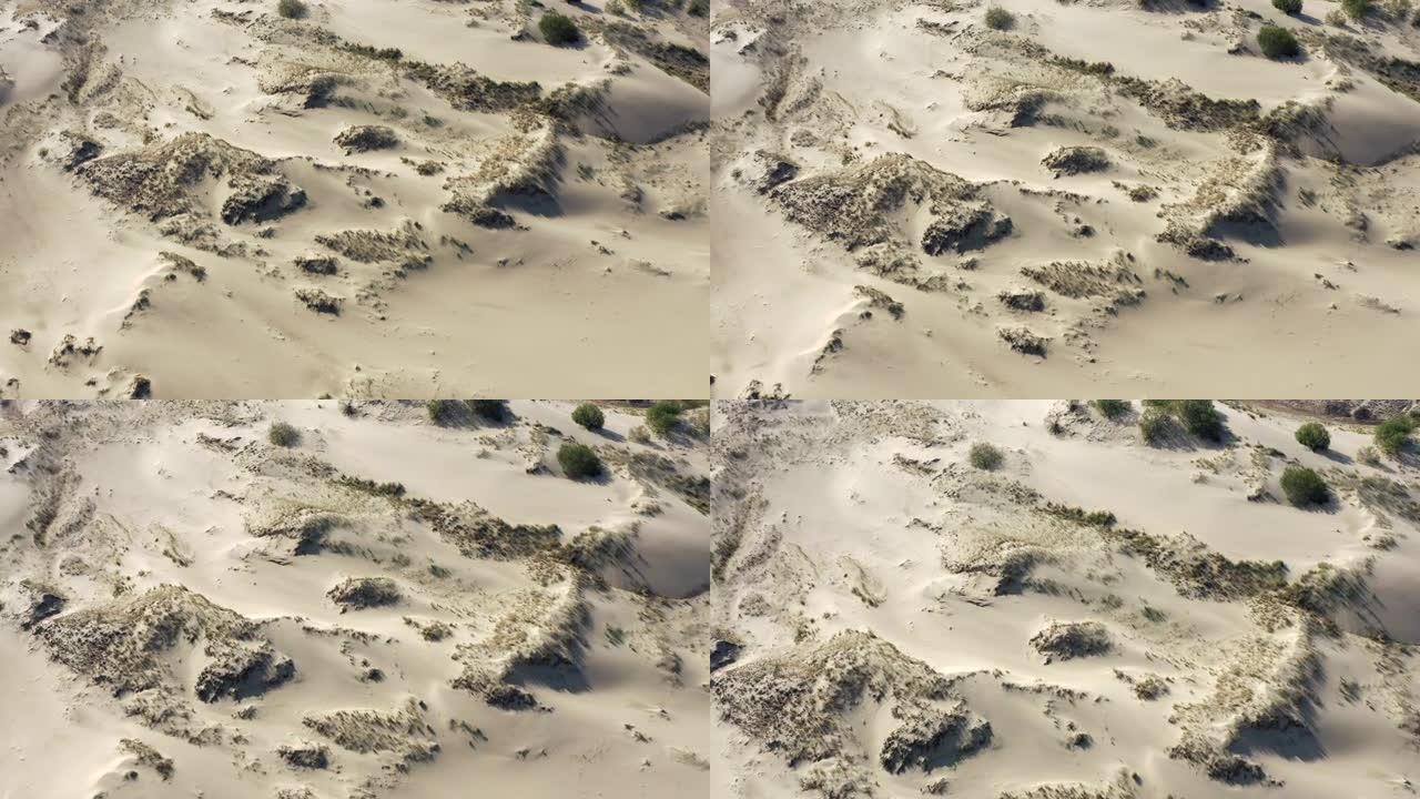 无人机在沙漠上空飞行。干沙沙丘和沙质景观的鸟瞰图。