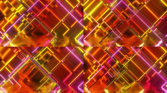 玻璃霓虹灯块的运动。现代橙色光谱。无缝循环3d渲染