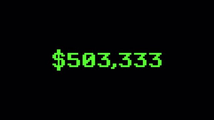 数字计数器将钱增加到100万美元在孤立的黑色背景上的绿色文本