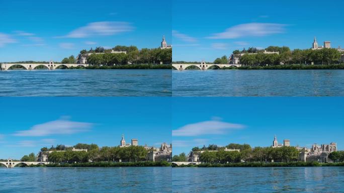 法国阿维尼翁天际线与桥梁和教皇的宫殿在罗纳河上的著名地标4k 50fps镜头