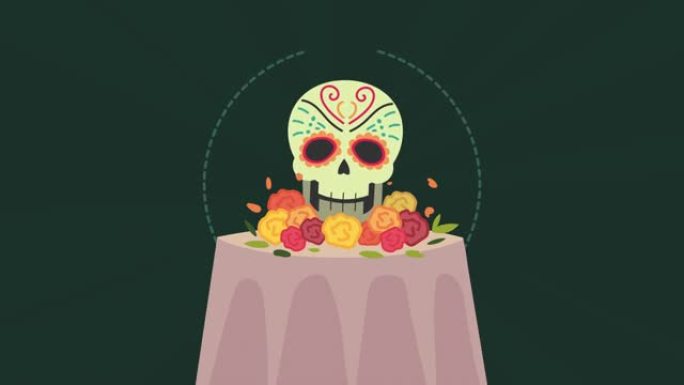 dia de los muertos动画，头颅在祭坛