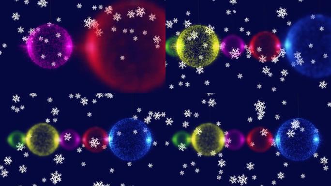 雪花在蓝色背景下在彩色光球上移动的数字动画
