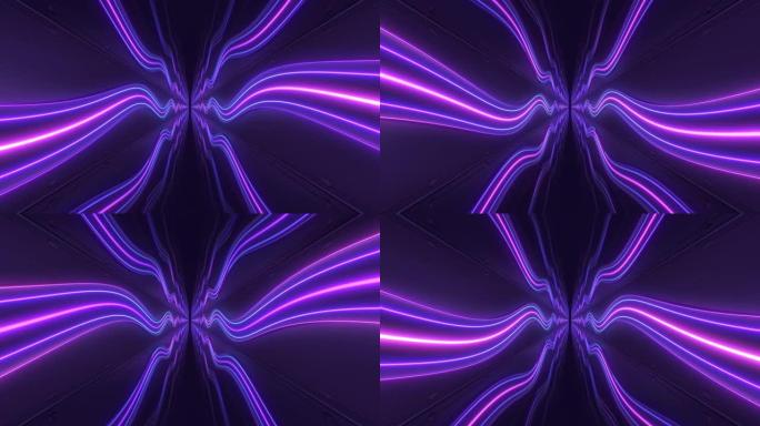 抽象弯曲波霓虹灯发光黑暗隧道走廊反射-4k无缝循环运动背景动画