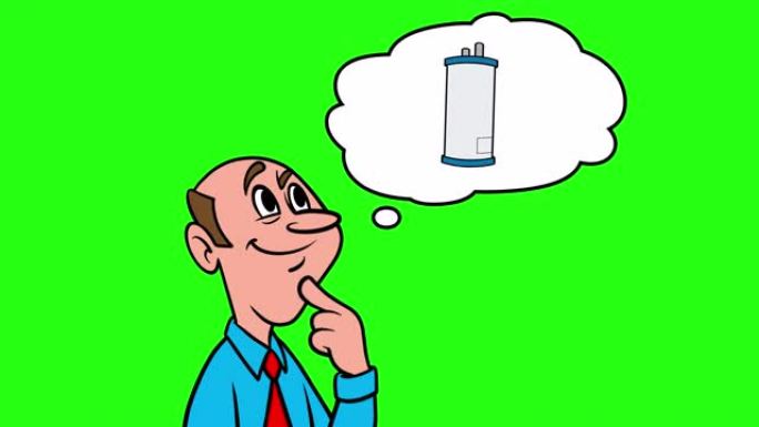 男人在想一个热水器-绿色背景的4k动画