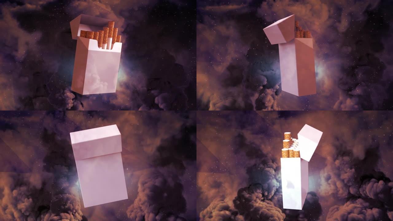 cg工业3D渲染，烟盒在烟雾背景上旋转