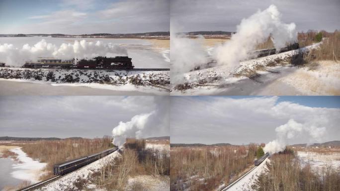 库存视频老火车鸟瞰图蒸汽火车在卡累利阿湖的铁轨上运行。