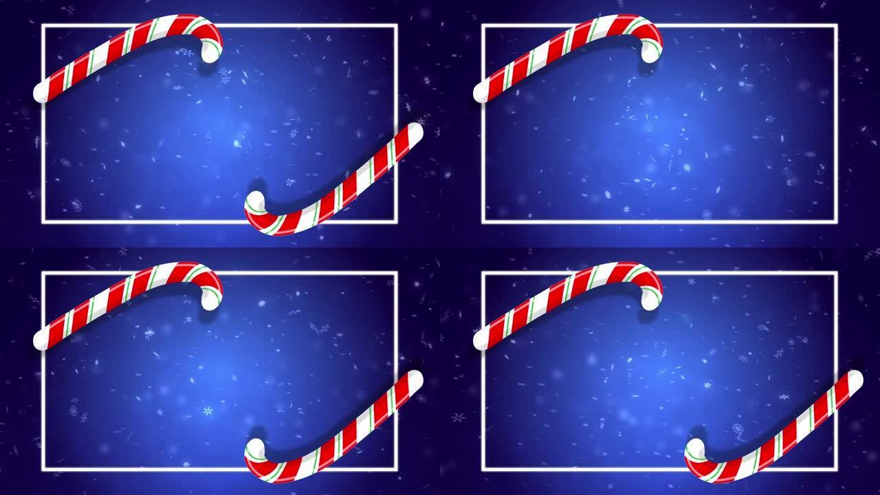 圣诞快乐与可爱的糖果手杖和雪花在蓝色和白色调动画。