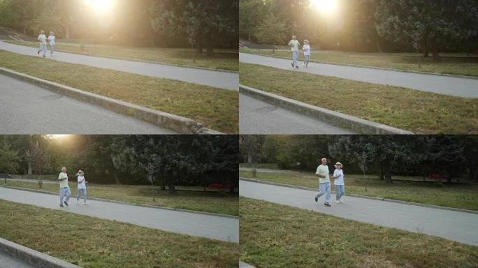 晚上健身训练时，穿着运动服的老年夫妇在绿色公园的沥青路上奔跑