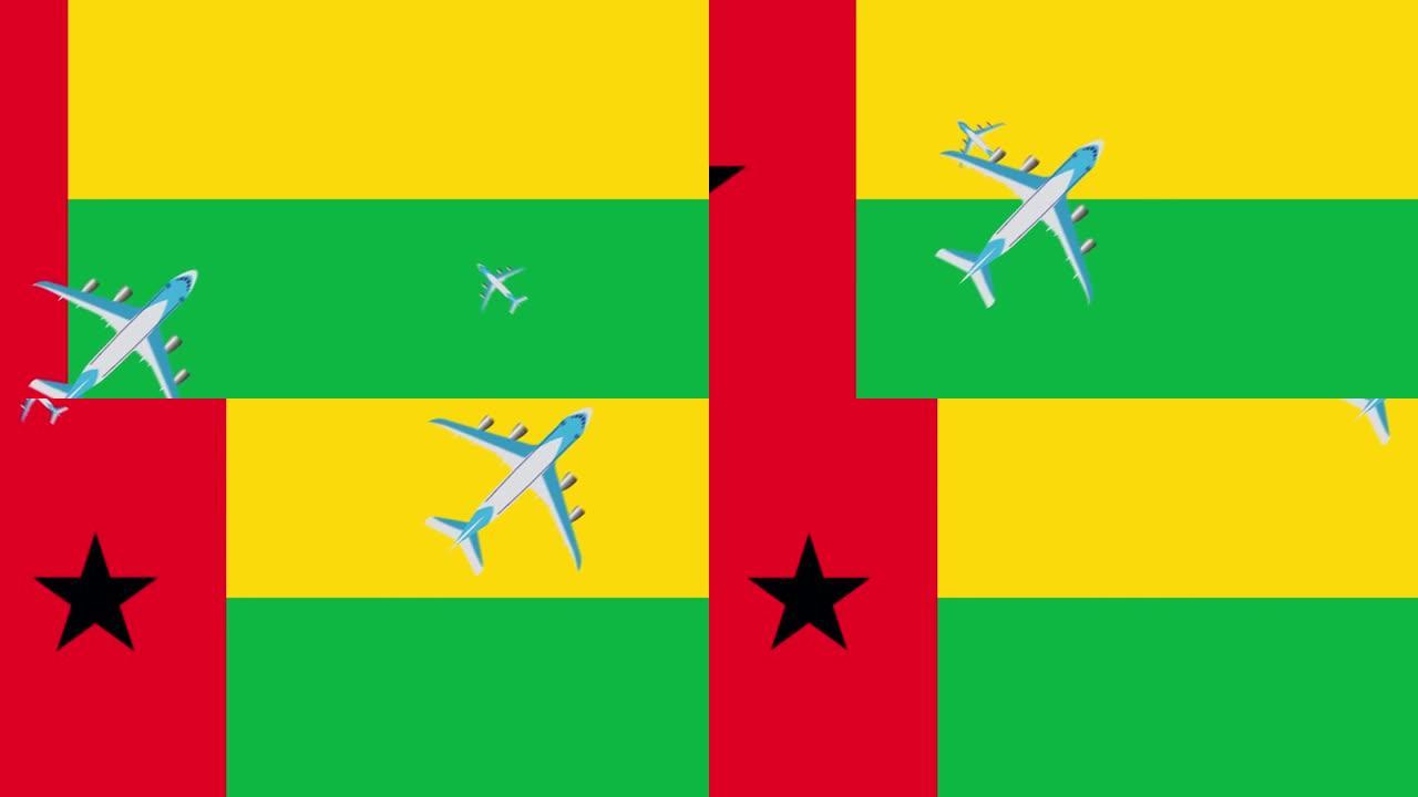 几内亚比绍国旗和飞机。飞越几内亚比绍国旗的飞机动画。