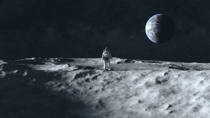 在地球的背景下，一名宇航员站在陨石坑之间的月球表面。外层空间。超现实3d动画