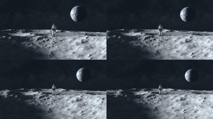 在地球的背景下，一名宇航员站在陨石坑之间的月球表面。外层空间。超现实3d动画