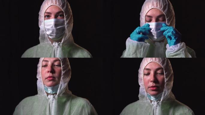 穿着白色防护服的年轻女医生的肖像照。从脸上取下医用口罩。打击新型冠状病毒肺炎的概念