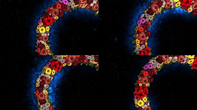 星空背景上旋转的花朵环的动画。视频循环