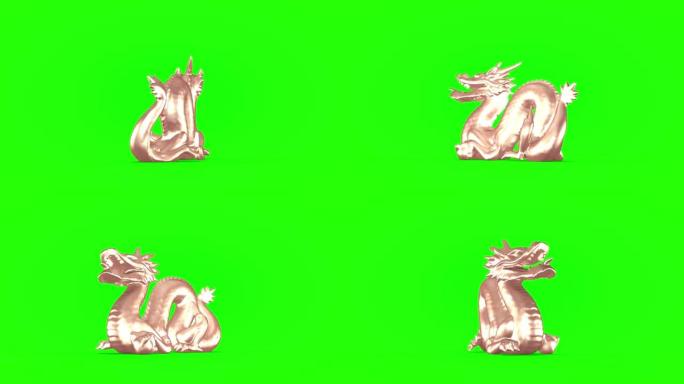 绿色背景上的彩色龙雕像。3D渲染