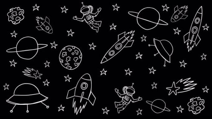 具有涂鸦风格空间元素的图案动画。火箭，行星，星星
