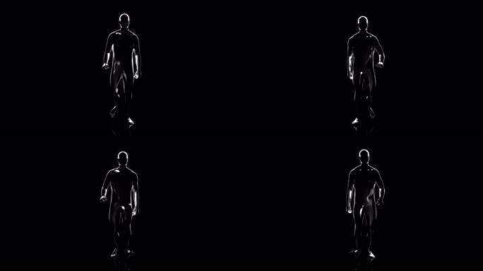 黑色背景上循环3D抽象数字行走人的前视图