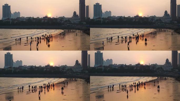 日落时间青岛市著名公共海滩全景4k中国