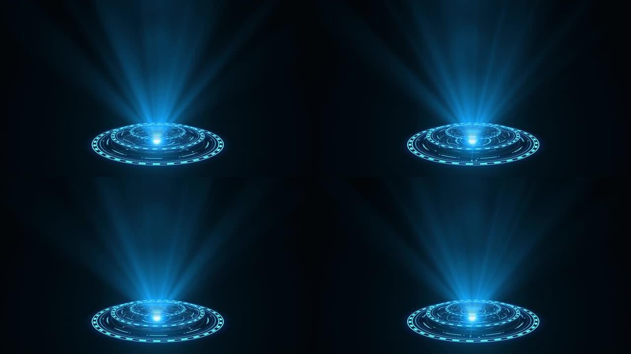 抽象蓝色全息图圆。闪耀戒指。眩光科幻。太空隧道。空洞洞。发光门户。星体旋转。明亮的圆盘。非常适合任何