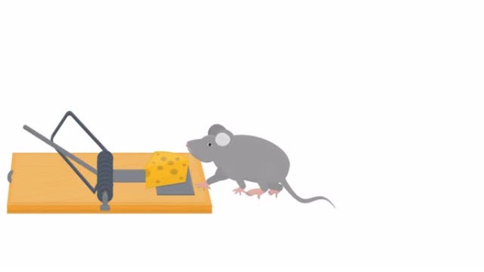 捕鼠器。动物老鼠在陷阱中的动画。诱饵卡通