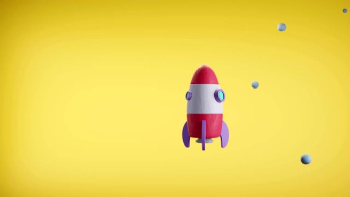 彩色动画卡通太空火箭在黄色背景下。宇宙飞船在太阳系飞行，飞过恒星、行星、陨石、彗星、星系。3d渲染