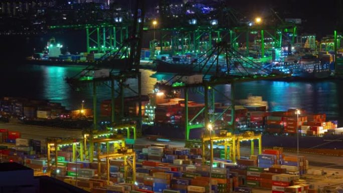 夜间新加坡城市世界著名集装箱港口海湾屋顶延时全景4k