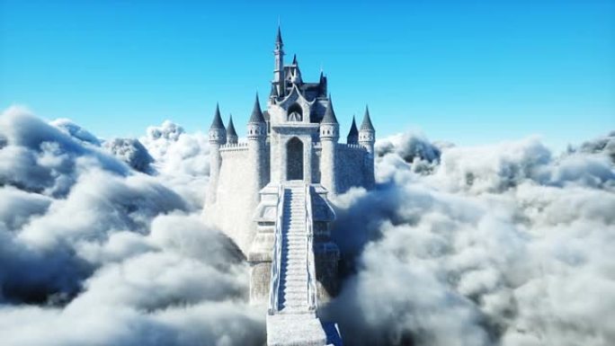云层中的童话宫殿。鸟瞰图。在云端飞翔逼真的4k动画
