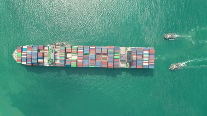 从码头商业港口的空中俯视集装箱货船运输集装箱，用于商业物流，进出口，运输或货运。