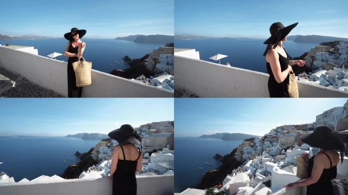 圣托里尼Oia的黑发优雅女人
