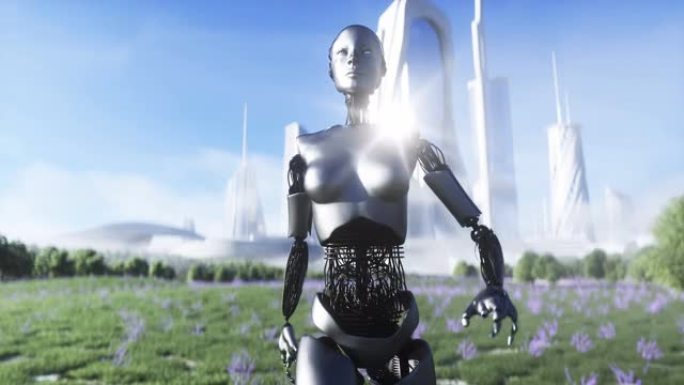 女机器人走草地。科幻城市背景。未来的概念。逼真的4k动画。