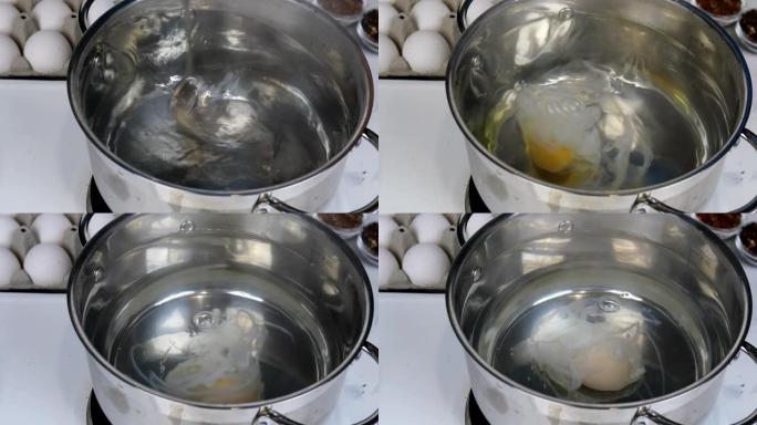 煮荷包蛋的食谱。生鸡蛋放在平底锅的沸水中。