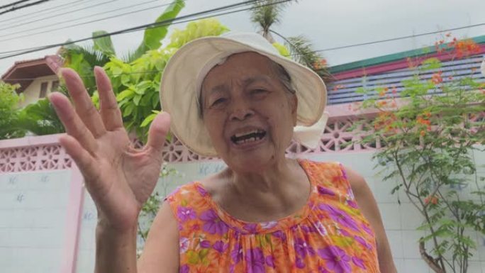 亚洲高级妇女向祖父母挥手告别