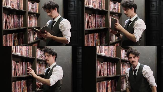 穿着时髦的男人在一个古老的黑暗图书馆里翻阅老式书籍。特写视图