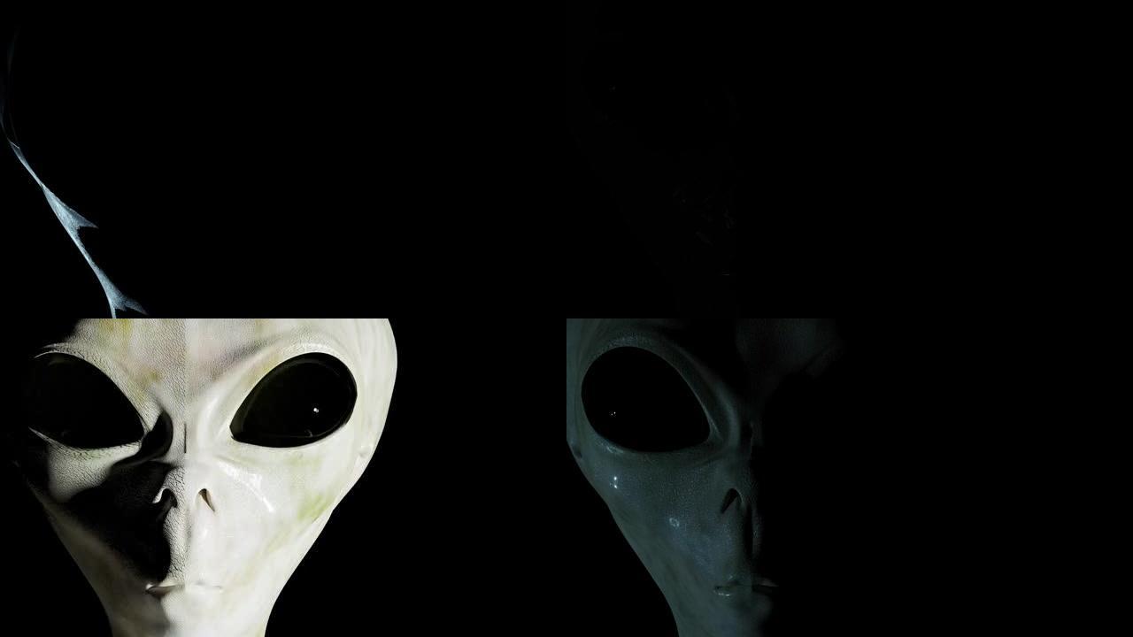 怪异外星人的脸和周围的闪电。3D渲染动画。