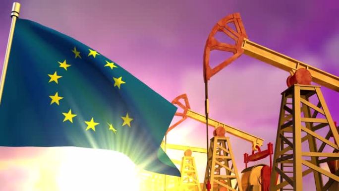 夕阳下，油井抽油，欧盟旗帜飘扬。石油行业概念，4K 3d动画