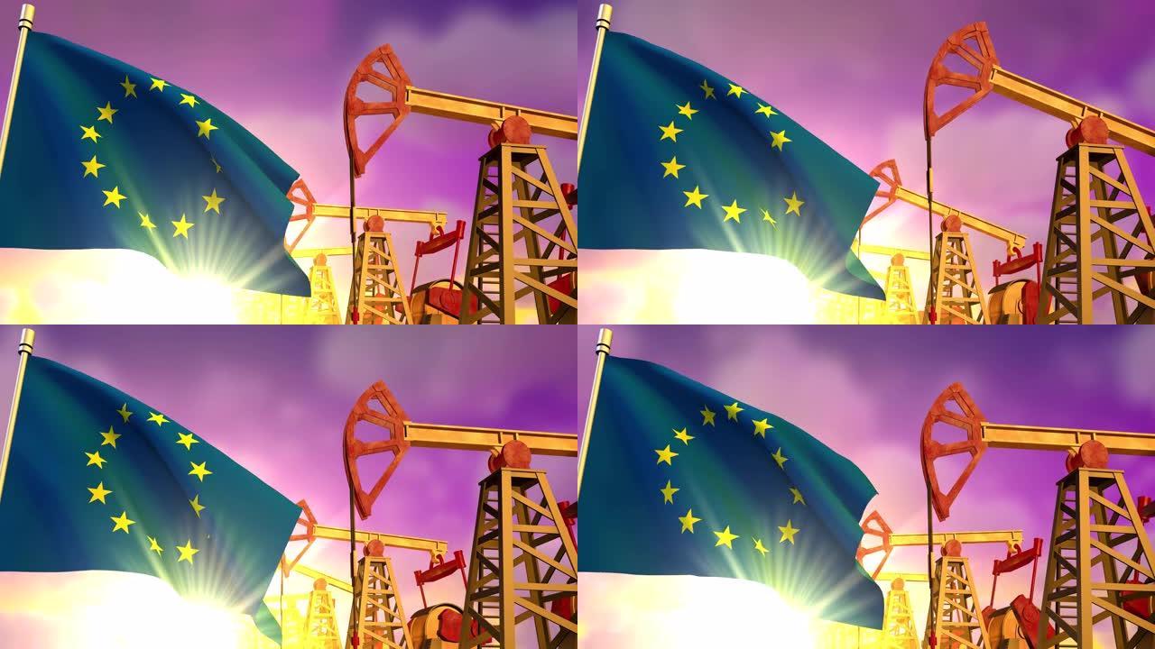 夕阳下，油井抽油，欧盟旗帜飘扬。石油行业概念，4K 3d动画