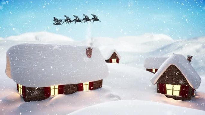 圣诞老人飞过积雪覆盖的房屋的数字动画