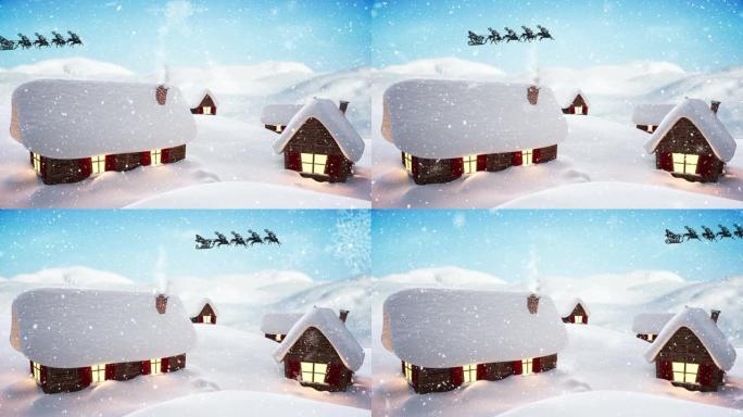 圣诞老人飞过积雪覆盖的房屋的数字动画