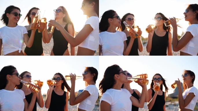 穿着比基尼的漂亮女人在日落时在沙滩上享受着烤饮料和放松的乐趣。穿着泳衣的女孩，戴着啤酒瓶挂在海边的太