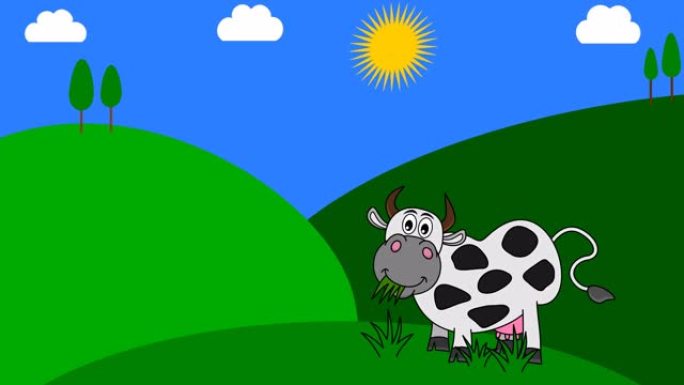 美丽阳光的草地上吃草的奶牛-动画