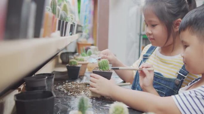 亚洲孩子在家里的小仙人掌花园度假活动中快乐地种植小仙人掌。