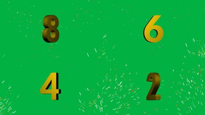 4K.实时倒计时领导者3d渲染从10到0计数，色度键绿色屏幕上的金色数字反转，旋转运动，彩色五彩纸屑
