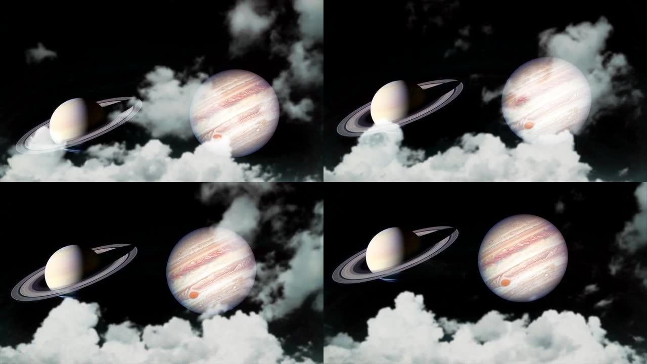 土星和木星在夜空、冬至和罕见现象上升起剪影云